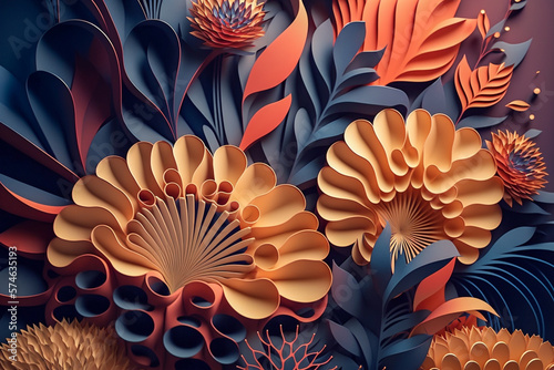 3d paper cut floral background with abstract summer or spring flowers, generative ai