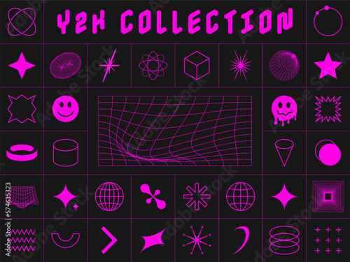 Y2K style symbols and design elements. Collection of abstract and geometric acid design elements in Y2K style. Retro and futuristic shapes and meshes, icons and symbols. Vector