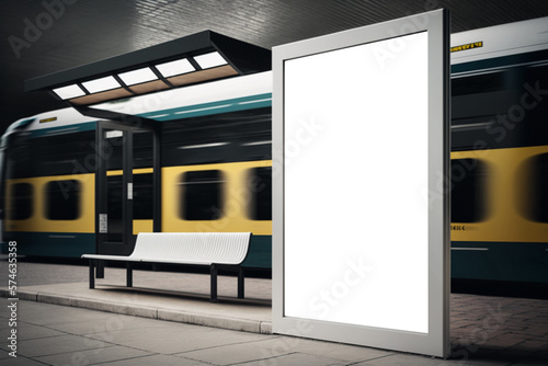 Tram station with white poster for advertising, mockup template