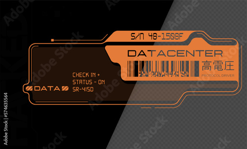 Cyberpunk decal. Vector sticker, label in futuristic style. Inscriptions and symbols, Japanese hieroglyphs for attention, high voltage.