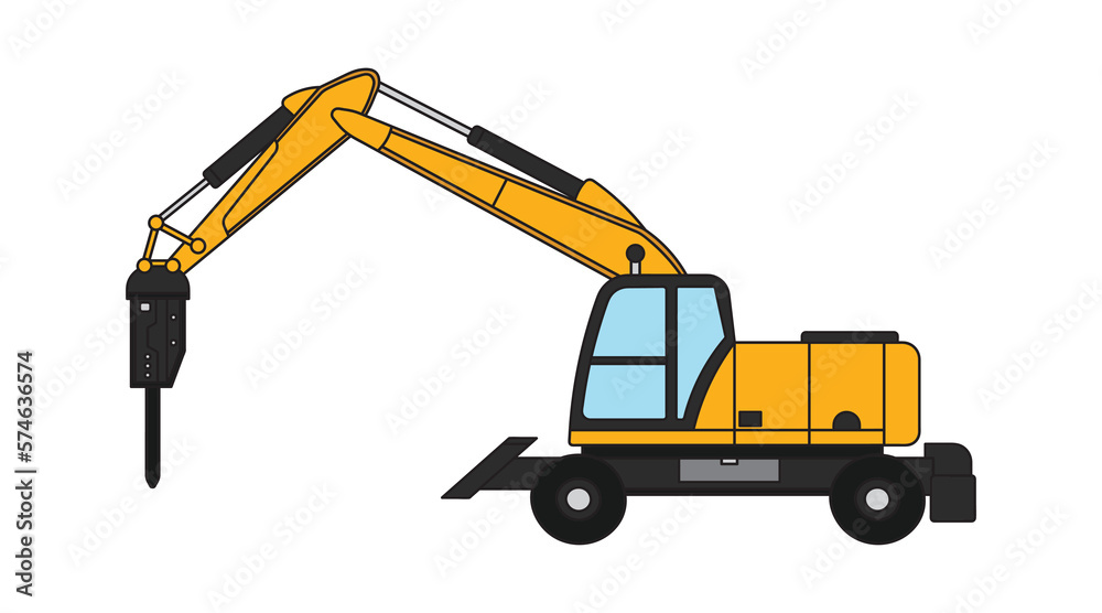 Vector illustration color children construction mini wheeled drill excavator construction machine clipart