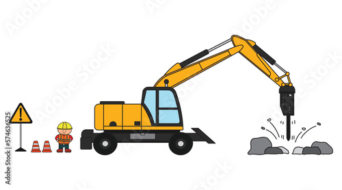 Vector illustration color children construction mini size wheeled drill excavator and construction worker clipart
