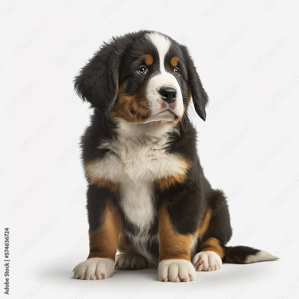 Cute nice dog breed bernese shepherd dog isolated on white close-up, beautiful pet, fluffy curly dog	