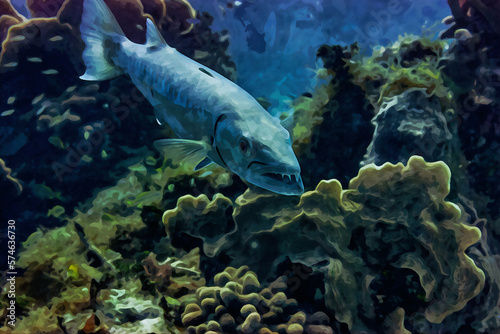 Digitally created watercolor painting of a large Great Barracuda hunting over the coral reef in the Cayman Islands © Focused Adventures