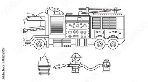 Hand drawn Vector illustration color children fire engine with firefighter clipart