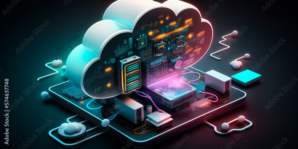 Cloud storage communication with computer. Hosting and data processing. Virtual development environment of programming software mobile, desktop computer platforms. Monitoring, testing. Generative AI