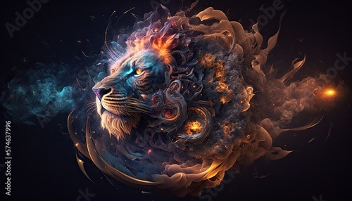 The fierce and radiant, exploring the fantasy world of the glowing lion, generative ai