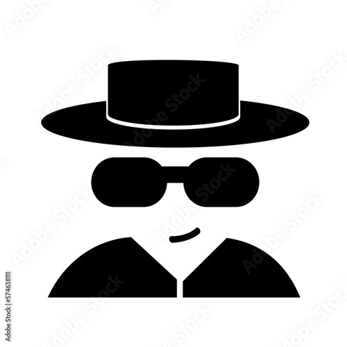 Vector illustration, logo, badge agent, spy in hat and glasses. Isolated on a white background.
