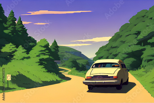 A Lonely Classic White Car Travelling Along A Long & Winding Road In The Rural Area With Beautiful Mountain And Open Field Landscapes, created with generative AI technology