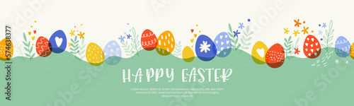 Photographie Cute hand drawn Easter seamless pattern with bunnies, flowers, easter eggs, beau