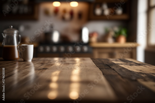 a wooden tabletop against a background of a kitchen interior that is fuzzy 