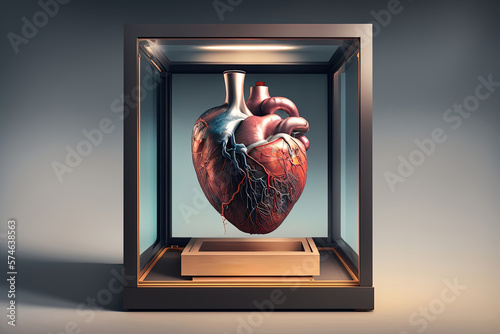 Medical anatomical mutated heart in a glas box, 3d render, Realistic heart, Soft light, Generative AI photo