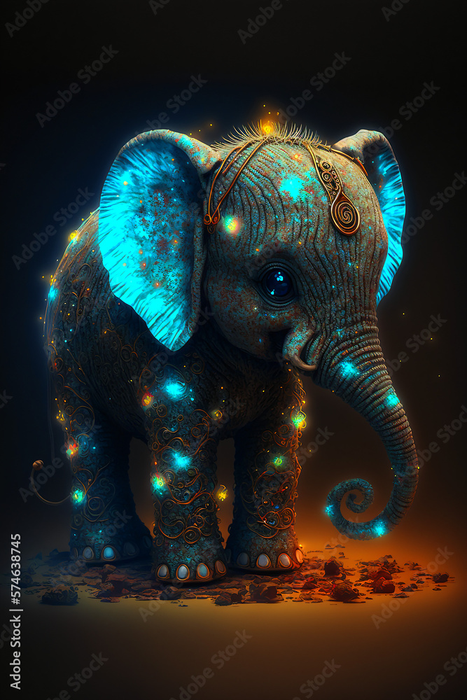Obraz premium This super cute baby elephant radiates innocence with its big, captivating eyes. Surrounded by a magical aura of light and sparkles, its charm is simply irresistible.