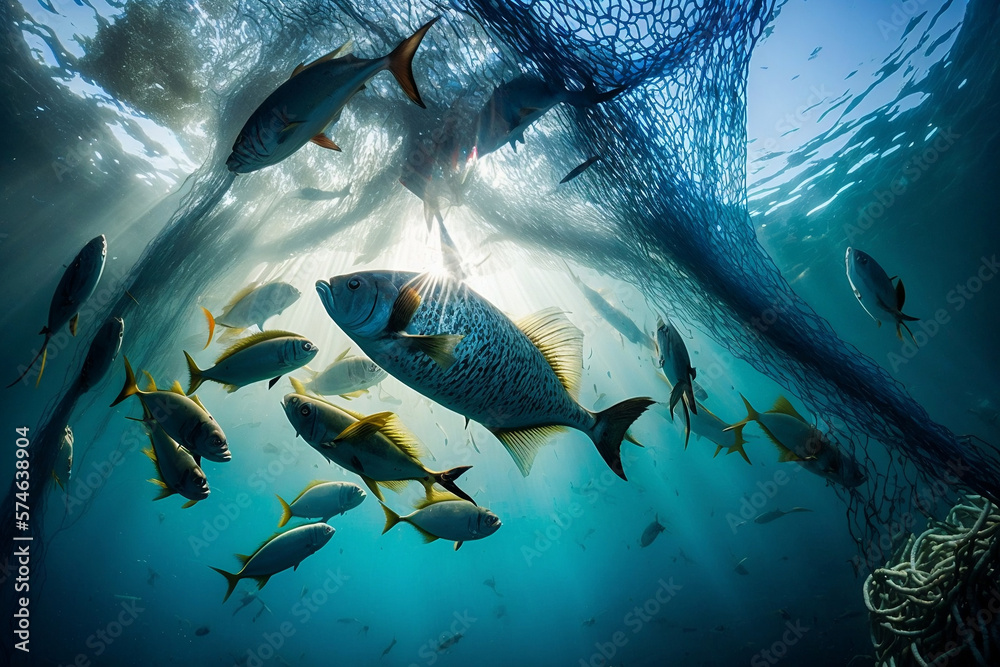 Red de pesca, pescando banco de peces debajo del agua en el océano