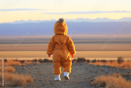 Bebé caminando por primera vez en la naturaleza hacia el horizonte, concepto de evolución, progreso y crecimiento personal. Generative ai. photo