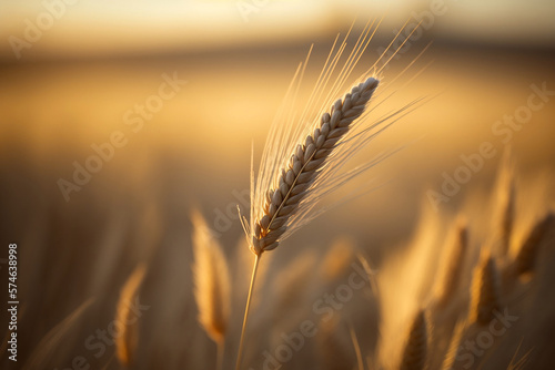 Rama de trigo  tallo de cereal trigo cebada en medio de un campo sembrado con el sol del atardecer  generative ai.