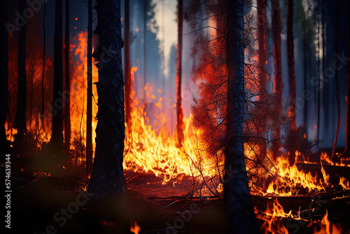 Forest fire. Burning trees in the forest with an open flame and a lot of smoke. Created with Generative AI