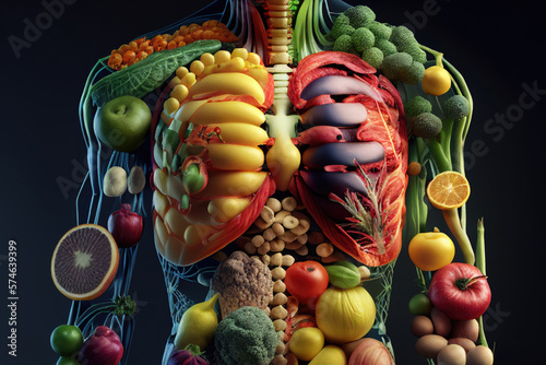 Healthy nutrition and diet concept. Human body made of fresh fruits and vegetables. Crerated with Generative AI