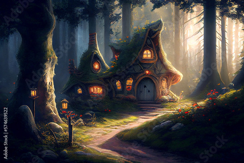 A whimsical generative ai illustration featuring charming gnome houses nestled amongst the lush forest foliage