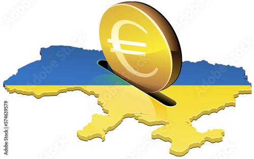 3D map of Ukraine in the yellow and blue colors of the Ukrainian flag in which a gold coin with the euro symbol is inserted (cut out)