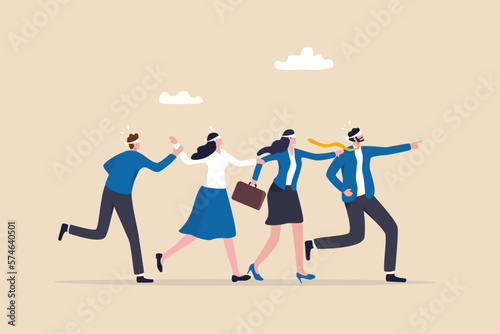 Blindly following, confusion or unknown situation, bad leadership, failure or mistake, struggle, trouble or hopeless direction concept, businesspeople blindfold follow leader in crisis or despair.