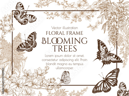 Vector frame with flowering trees and butterflies.Cherry blossom, wisteria, lilac, mimosa, magnolia, forsythia, monarch butterfly, peacock butterfly, butterfly swallowtail, pieridae photo