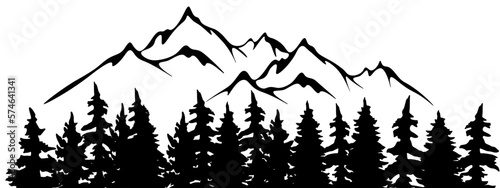 Black silhouette of mountains and fir trees camping adventure wildlife landscape panorama illustration icon vector for logo, isolated on white background.
