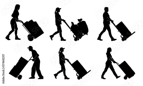 Worker Silhouettes Pushing Hand Trucks