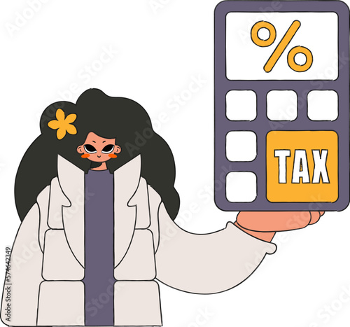 A cultured woman holds a calculator in her hand Tax payment theme.