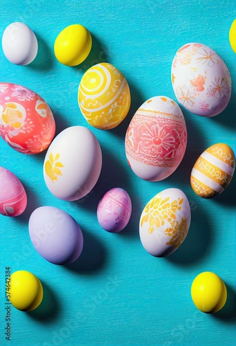Multicolored Easter eggs on a blue background. Generative AI