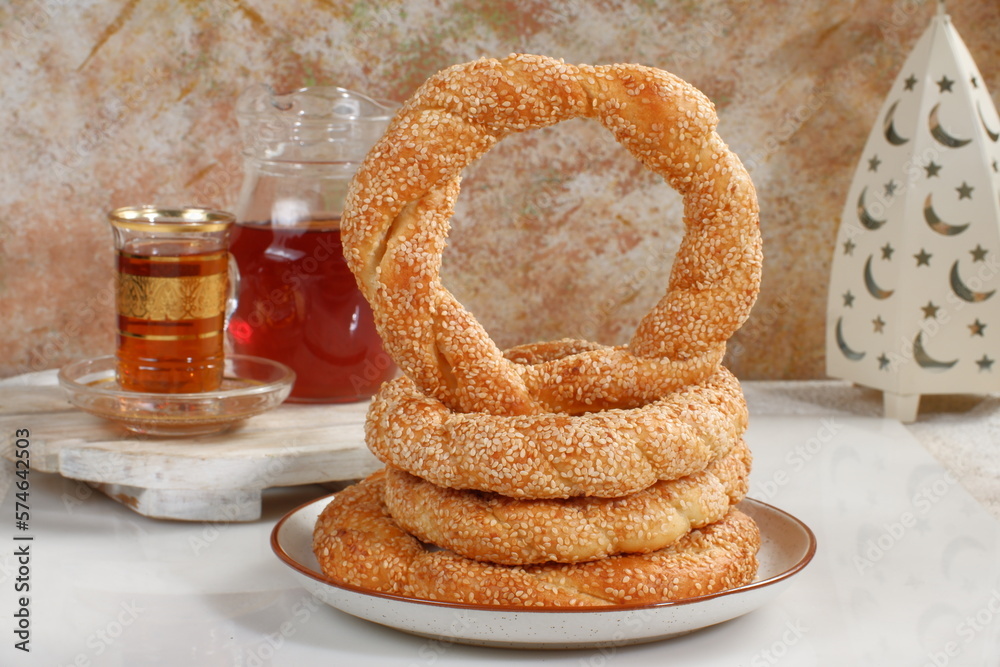 Simit or Turkish bagel with sesame,is traditional Turkish bakery food ...