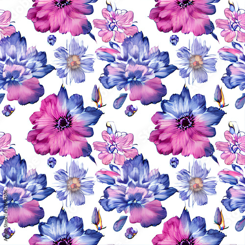 Chinoiserie Flowers In Blue, Purple, Red, Pink forming a repeating decorative pattern against a white background, created with generative AI technology