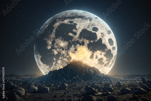 A big full moon behind a pile of rocks generative AI