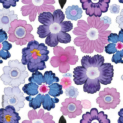 Chinoiserie Flowers In Blue, Purple, Red, Pink forming a repeating decorative pattern against a white background, created with generative AI technology