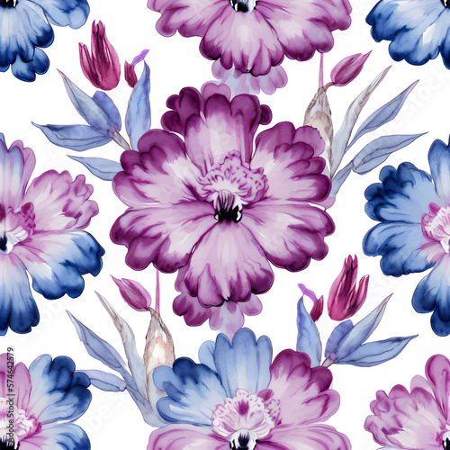 Chinoiserie Flowers In Blue, Purple, Red, Pink forming a repeating decorative pattern against a white background, created with generative AI technology