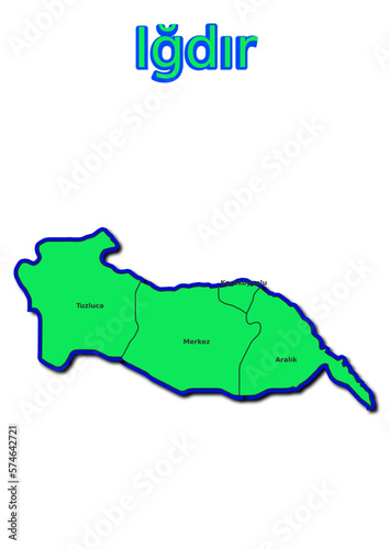 Karte des Bezirks Iğdır in der Türkei mit den Namen der Gemeinden