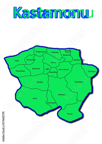 Karte des Bezirks Kastamonu in der Türkei mit den Namen der Gemeinden