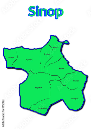 Karte des Bezirks Sinop in der Türkei mit den Namen der Gemeinden