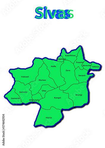 Karte des Bezirks Sivas in der Türkei mit den Namen der Gemeinden