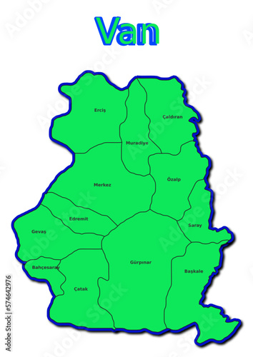 Karte des Bezirks Van in der Türkei mit den Namen der Gemeinden