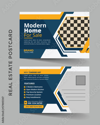 Corporate real estate postcard template design in vector, business real estate and home apartment agency postcard layout