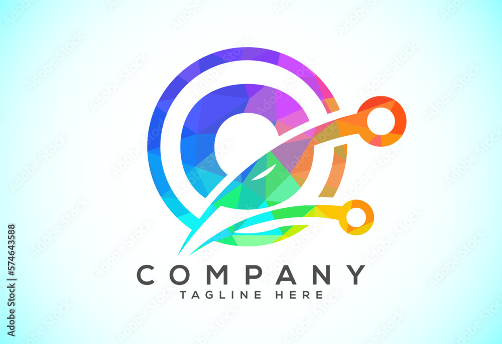 Polygonal low poly O alphabet in a circle with technology sign symbol. Technology logo design concept Polygonal low poly O alphabet in a circle with technology sign symbol. Technology logo design concept