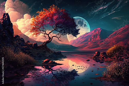 Colorful sunset with a big moon and tree  imaginative concept