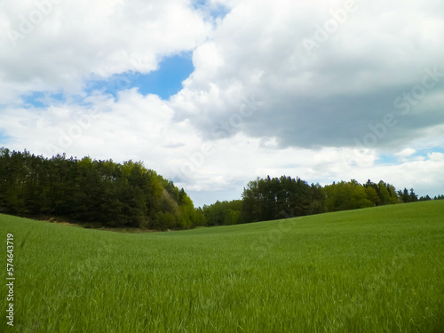 Green fields in Kashubia region - Northern Poland. Cloudy day, travel and nature concept. © Jan