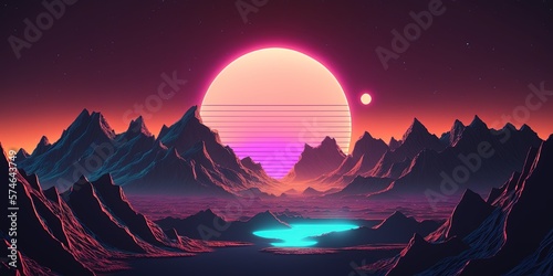 80s synthwave styled landscape with blue grid mountains and sun over arcade space planet canyon , vaporwave mountain by ai generative photo