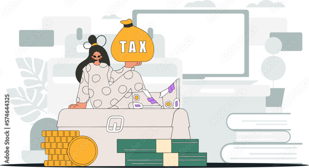 Fashionable girl rerzhit in her hand a bag with taxes. Graphic illustration on the theme of tax payments.