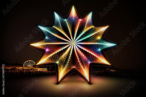 Illuminated glowing star in amusement park at the night city. Generative AI.