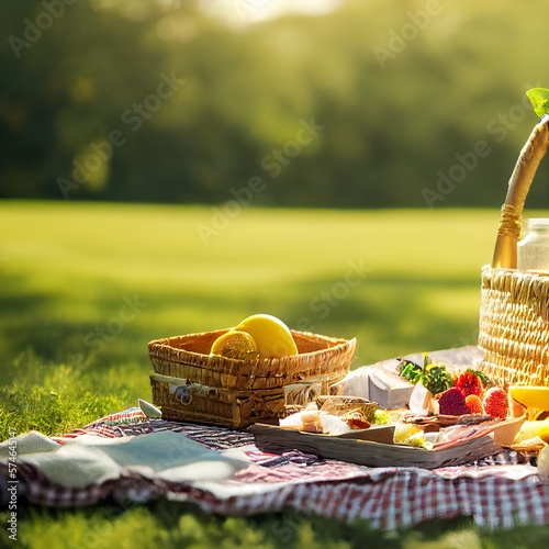 Picnic Basket on Blanket Against Green Grass Field Background, created by Generative AI