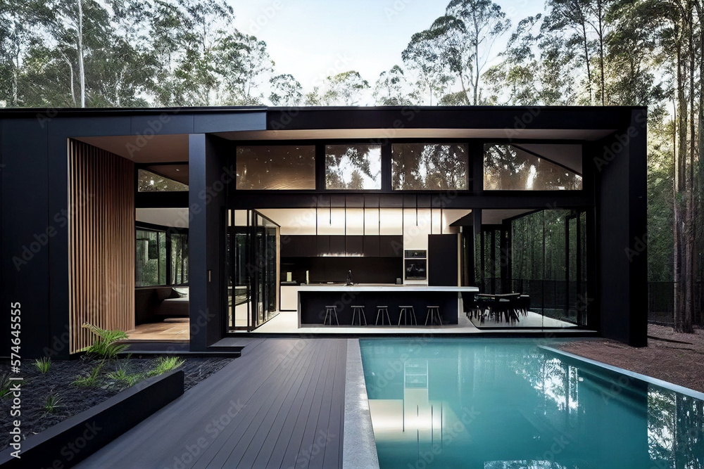 Modern outdoor swimming pool area with large forest and elvish details building, modern alien minimal kitchen, clean lines, wood. Generative AI. Modern outdoor swimming pool area with large forest and elvish details building, modern alien minimal kitchen, clean lines, wood. Generative AI.