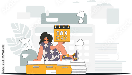 An elegant girl holds a calendal in her hand. TAX day. An illustration demonstrating the correct payment of taxes.